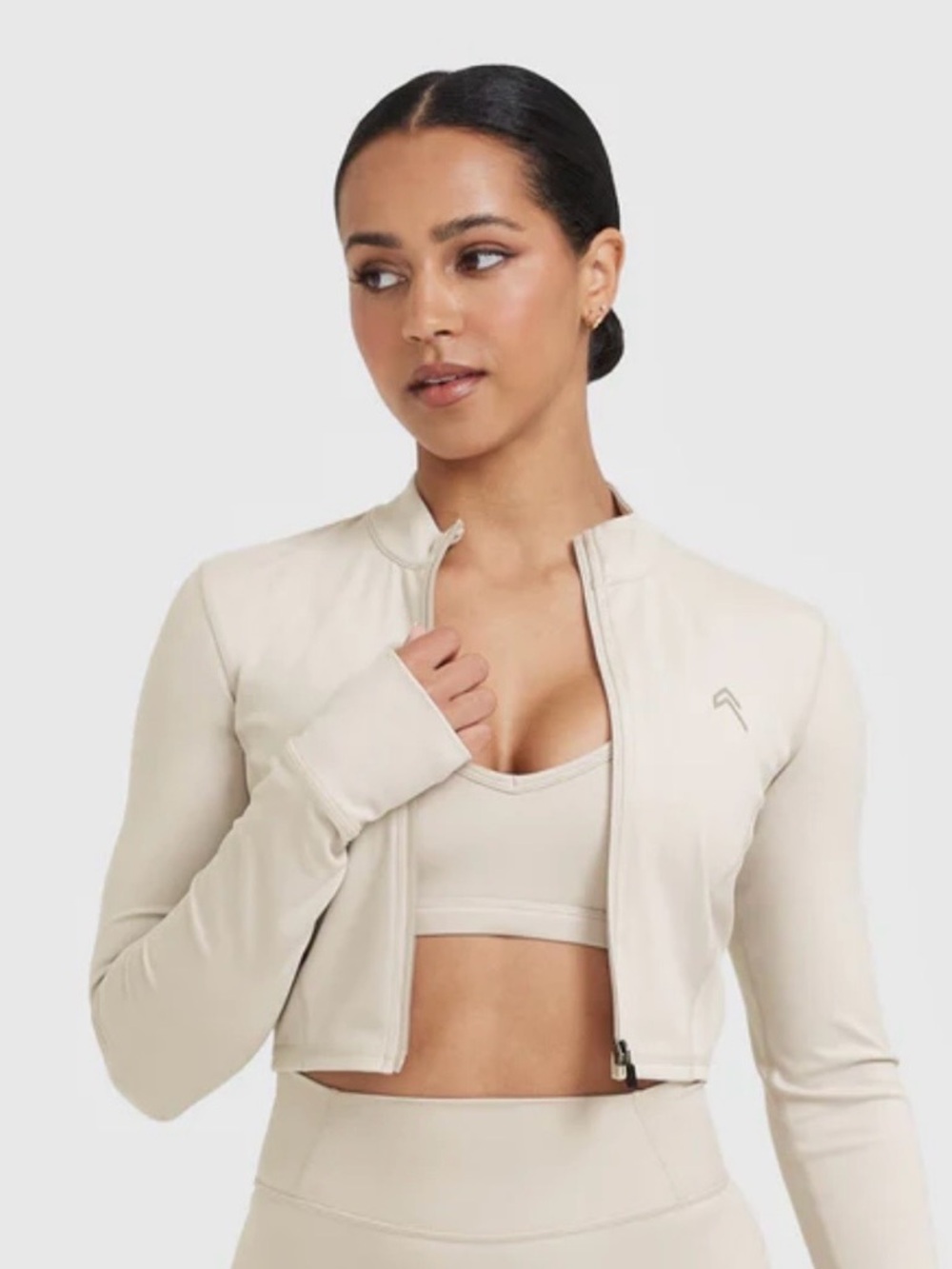Cropped Long-Sleeve Zip Jacket in Cream